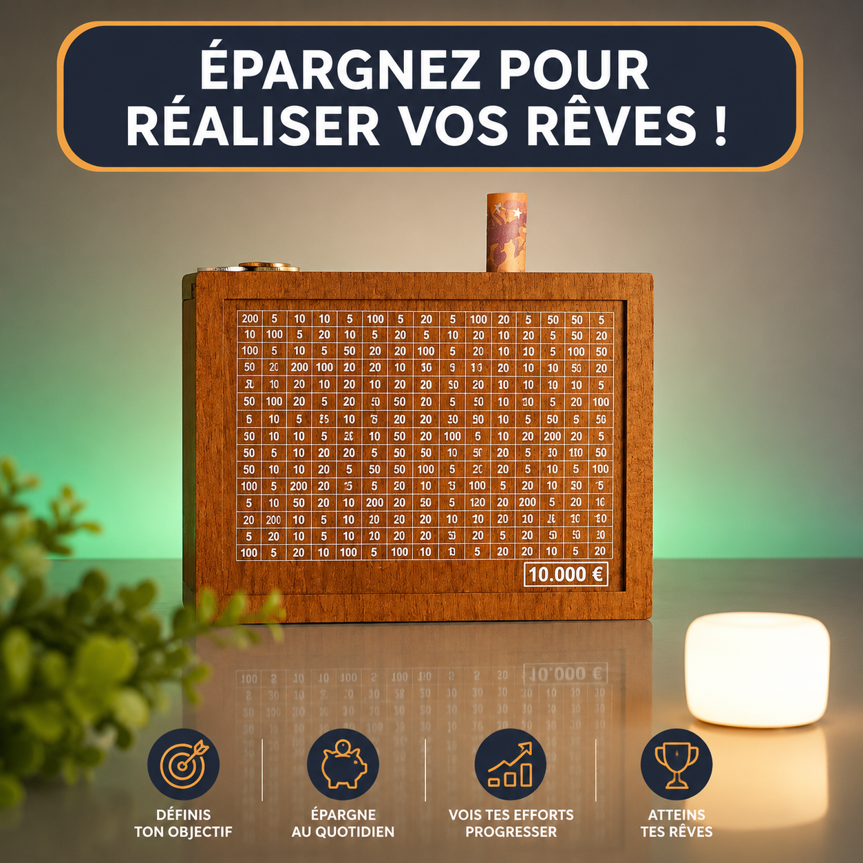Tirelire en bois – Objectif d'épargne